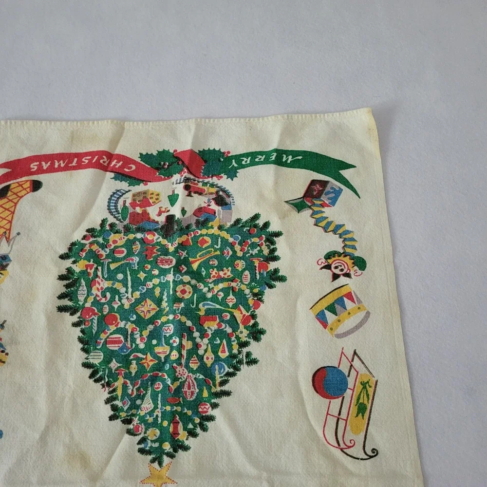 Vintage Hand Printed Linen Christmas Tea Towel Mid Century Retro Holiday Decor